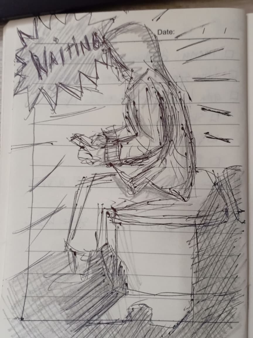 ini adalah gambar sketsa menggunakan pulpen dan pensil yang menggambarkan orang yang sedang menunggu sesuatu